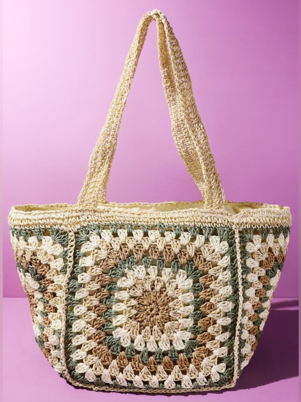Crochet Square-Panel Tote Bag in Cream, Tan & Olive